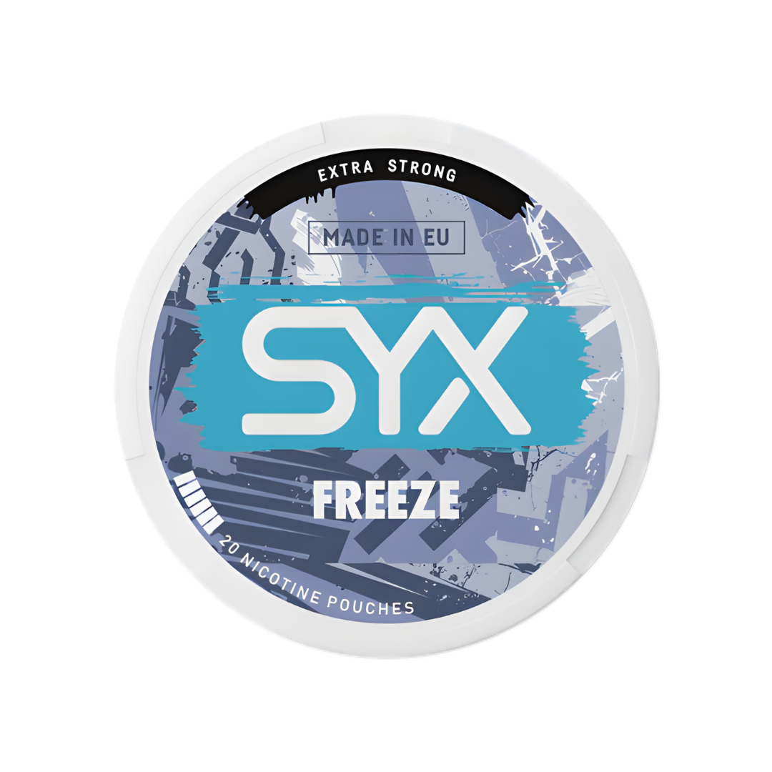 Detail close-up of SYX Freeze pouches in a circular container with blue and white branding on a white background.