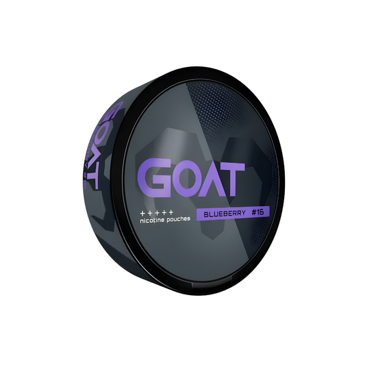 Detail close-up of Goat Blueberry nicotine pouch packaging featuring a round black and purple container.