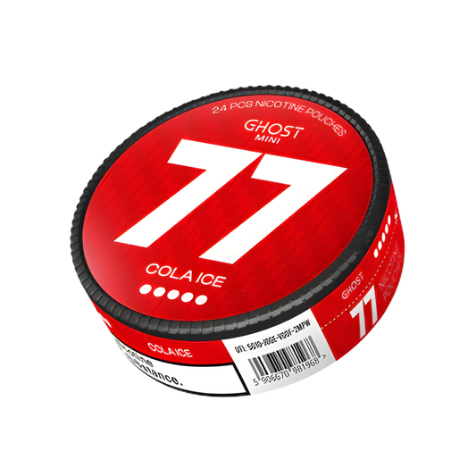 Detail close-up of a red can featuring the number 77, barcode, and a white background