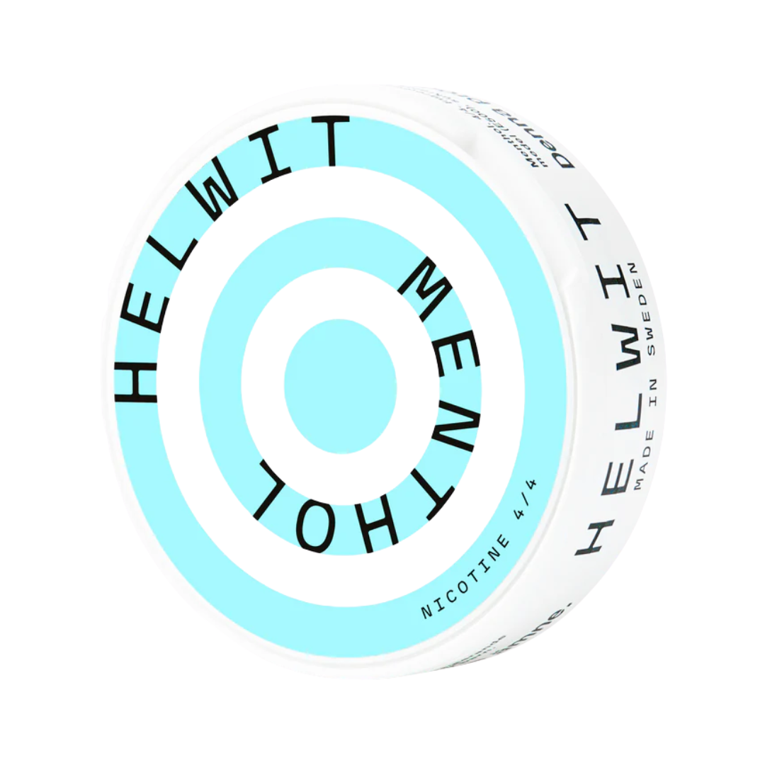 Detail close-up of circular packaging in blue and white, highlighting menthol flavor and brand name.