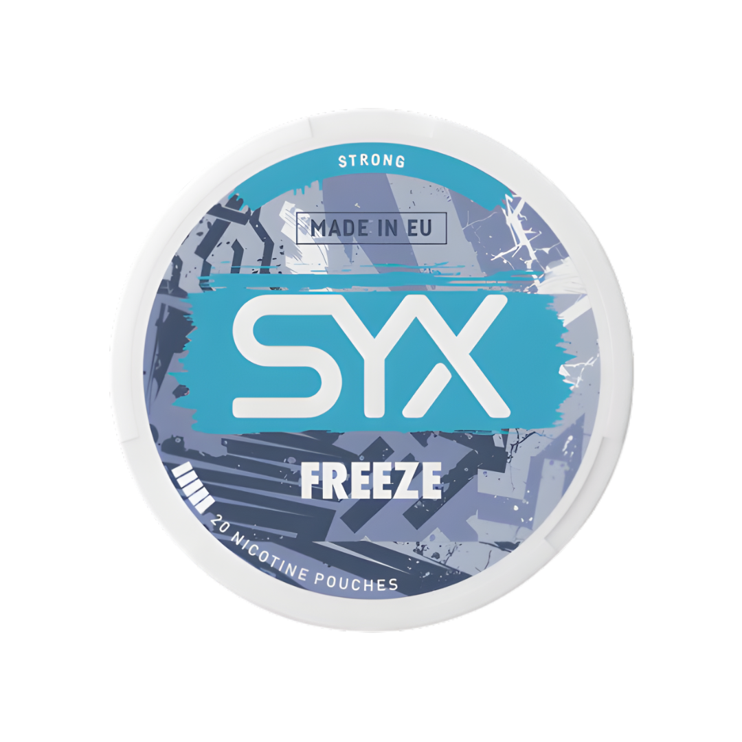Detail close-up of SYX Freeze Strong's circular blue container featuring branding text on a white background
