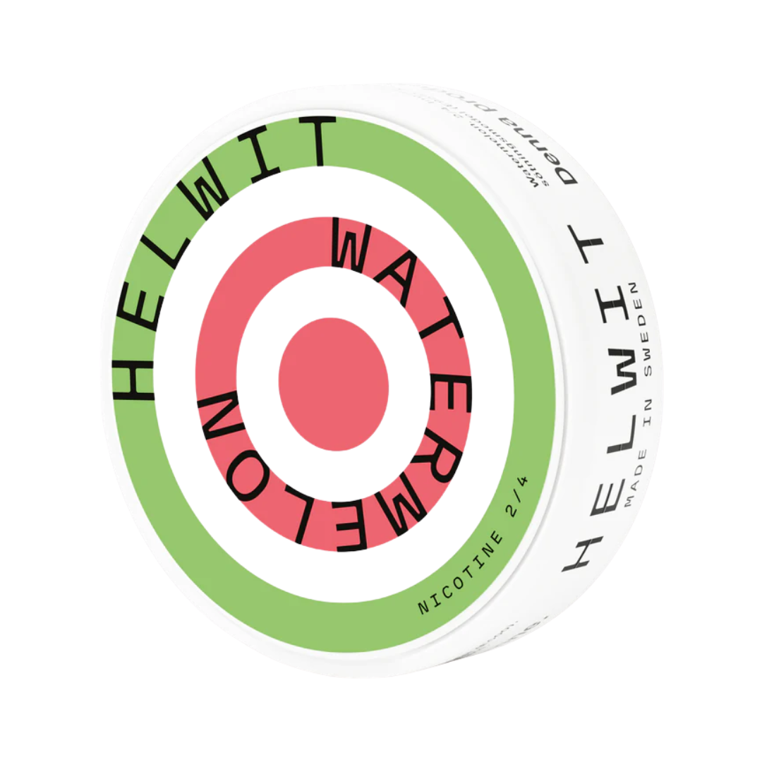 Detail close-up of Helwit Watermelon packaging showcasing green, red, and white colors with text branding.