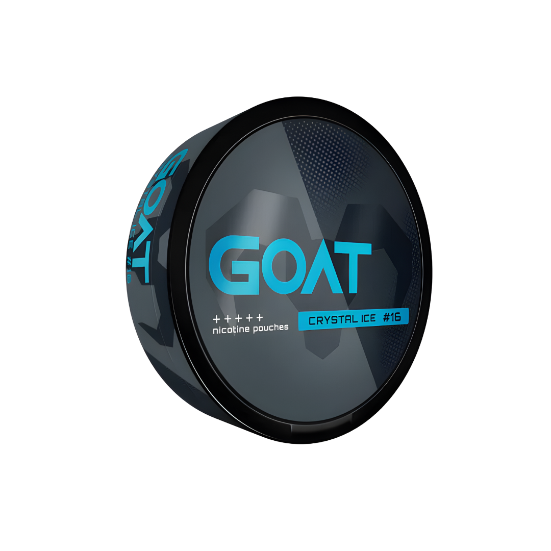 Detail close-up of Goat Crystal Ice nicotine pouch in a round container with a transparent lid on a white background
