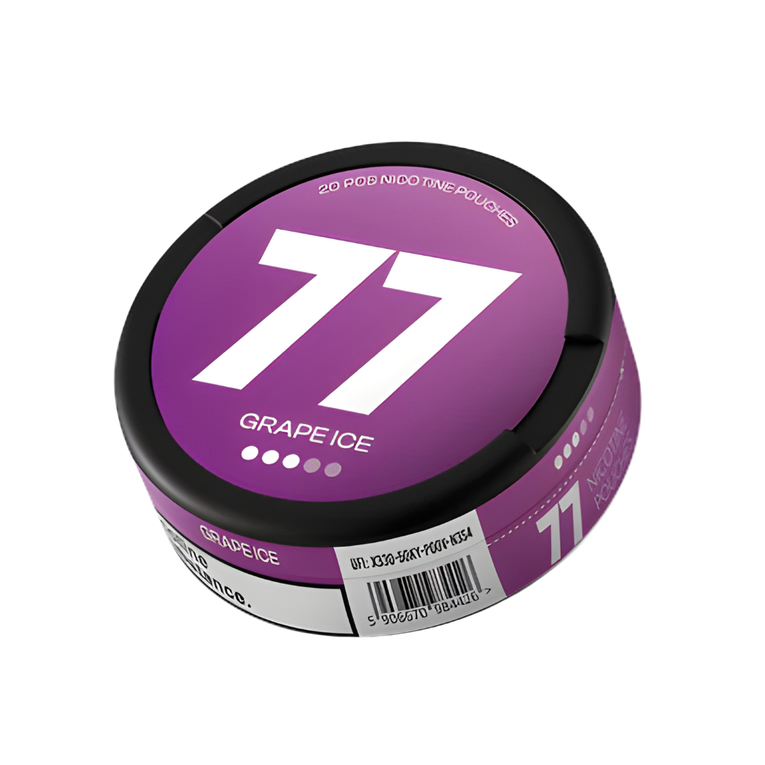 Detail close-up of the purple can with a circular label featuring number 77 on a white background
