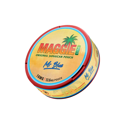 Detail close-up of a round tin with tropical design in yellow, red, and blue colors.