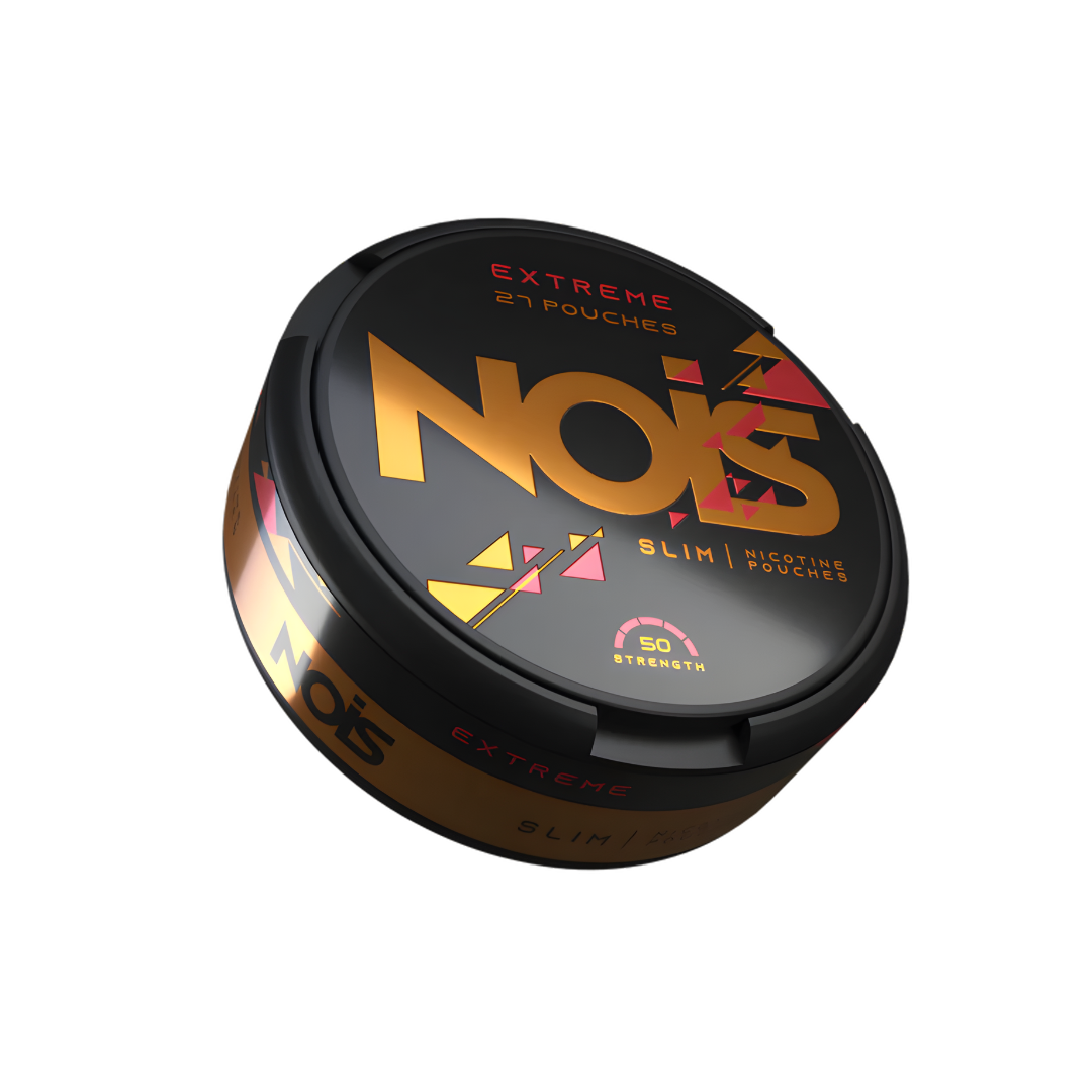 Detail close-up of the black and gold round container with colorful design for Nois Extreme.