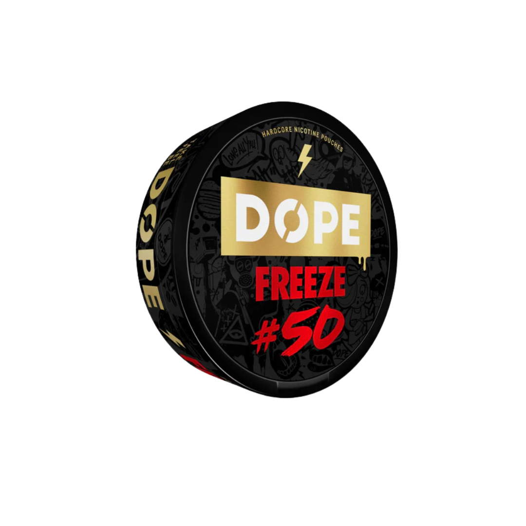 Detail close-up of the Dope Freeze can in black, gold, and red featuring a round design and label.