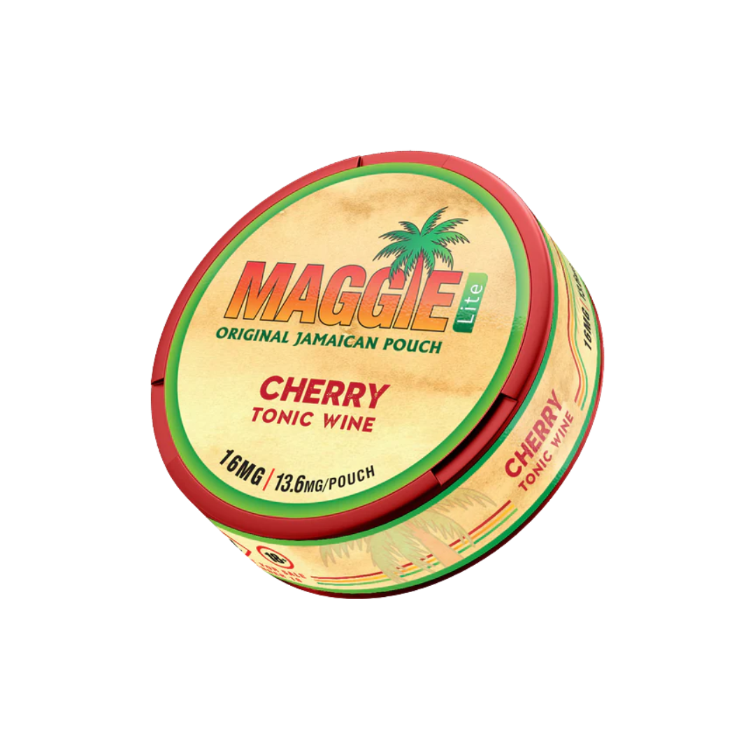 Detail close-up of a circular tin can featuring a cherry flavor label design in red, green, and yellow.