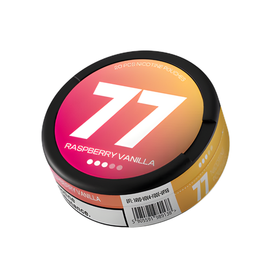 Detail close-up of the circular container featuring a gradient design in orange and pink with the number 77.