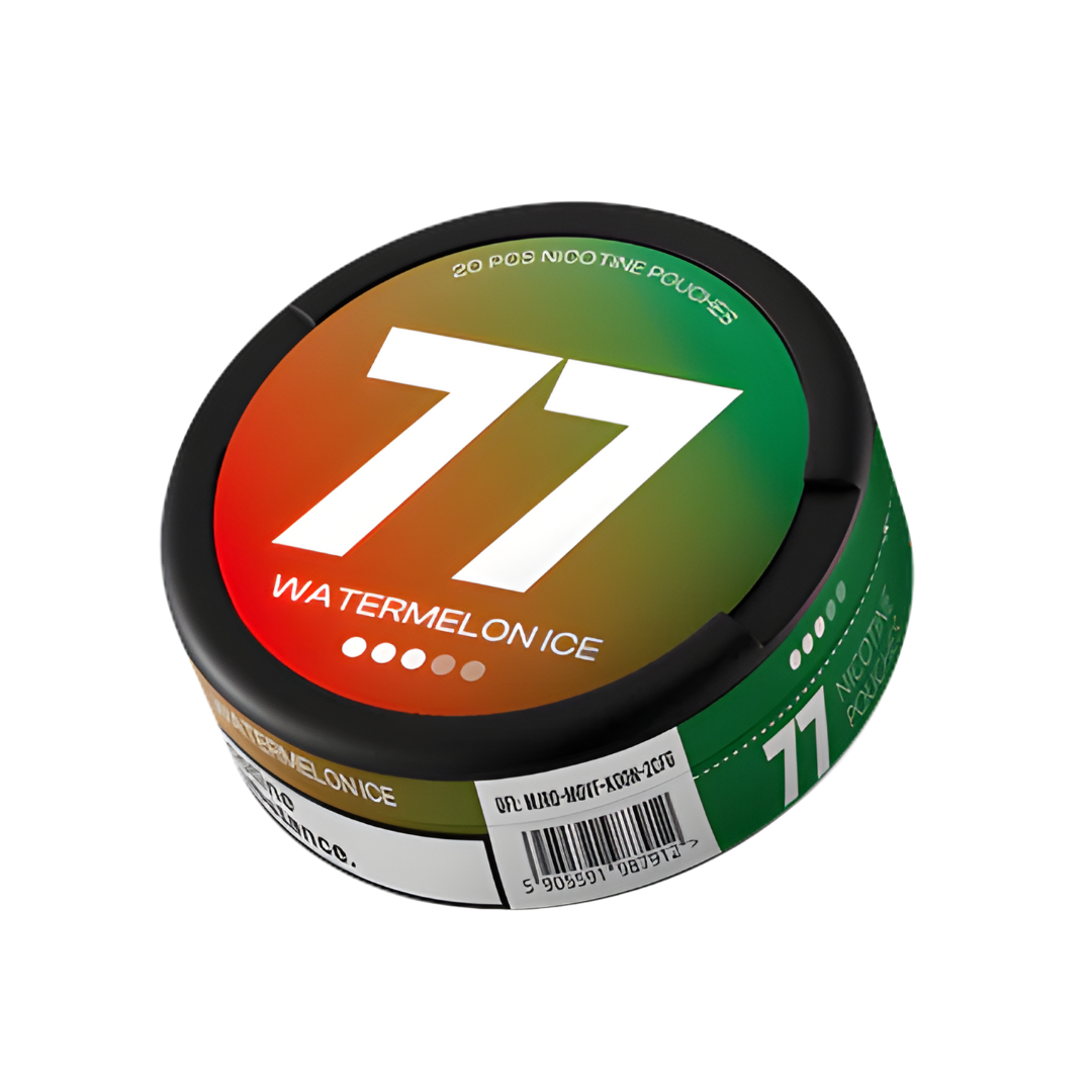 Detail close-up of the 77 Watermelon Ice nicotine pouch can featuring a gradient design in green, orange, and black.