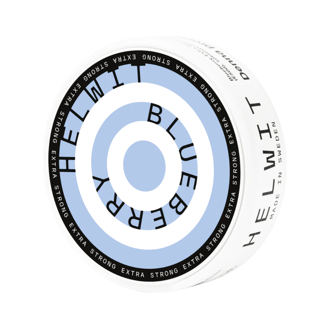Detail close-up of blueberry flavored candy with circular shape and branding on a white background