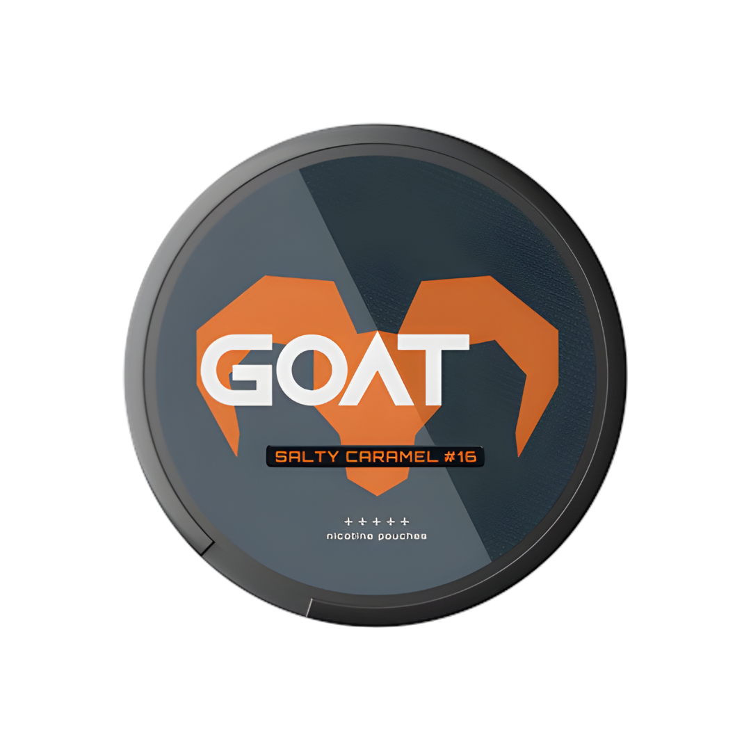 Detail close-up of Goat Salty Caramel container showcasing a heart logo with black and orange colors.