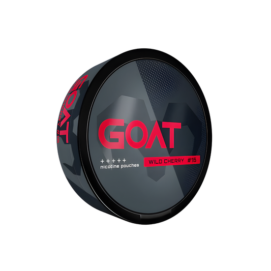 Front view of the Goat Wild Cherry nicotine pouch container featuring a transparent lid with black and red colors.