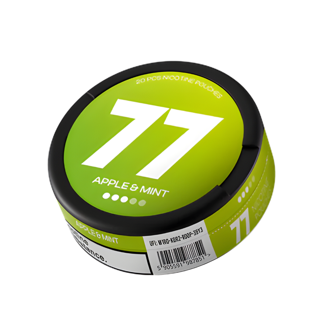 Detail close-up of the green container featuring a large number 77 and label on the side against a white background.