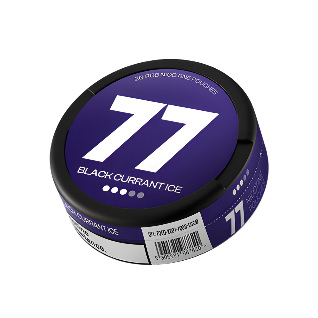Detail close-up of the purple can featuring the number 77 and label design on a white background