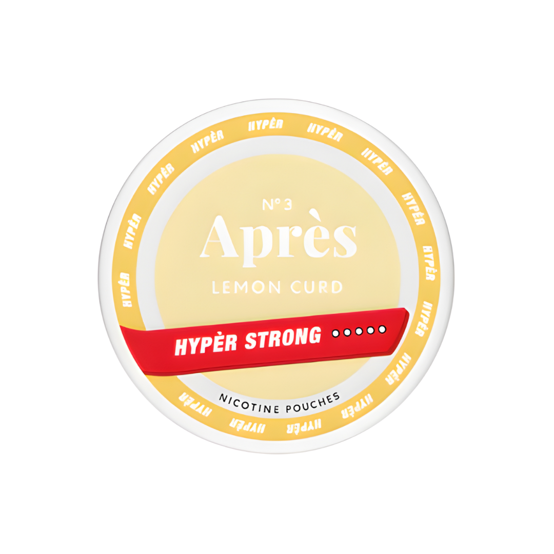 Detail close-up of the round jar of Après Lemon Curd with a yellow label and screw top on a white background.