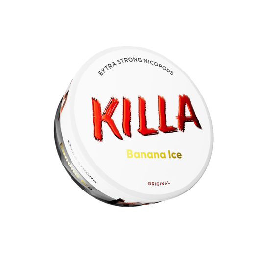 Detail close-up of Killa Banana Ice snus can showing bold text and brand logo on a transparent background