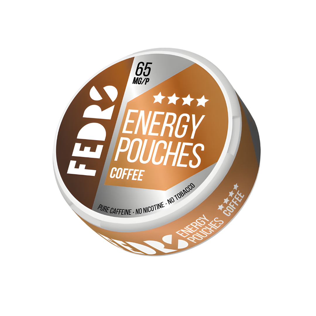 Front view of the round brown and silver energy powder canister featuring a label design and screw top.