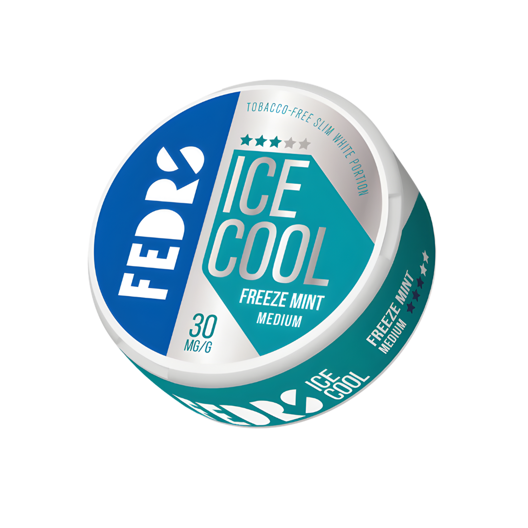 Front view of the circular mint can in blue, white, and green with brand logo and ice cool flavor.
