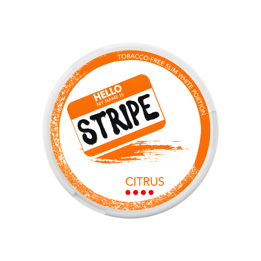 Detail close-up of the citrus stripe label featuring bold orange and white text on a transparent background.