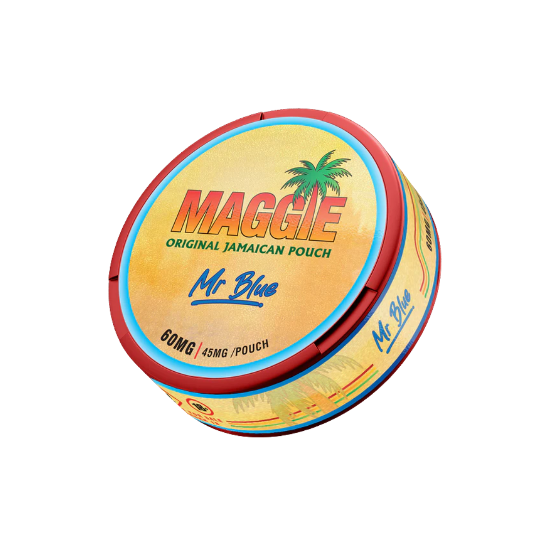 Detail close-up of Maggie Mr. Blue nicotine pouch can featuring tropical design in yellow, red, and blue colors.