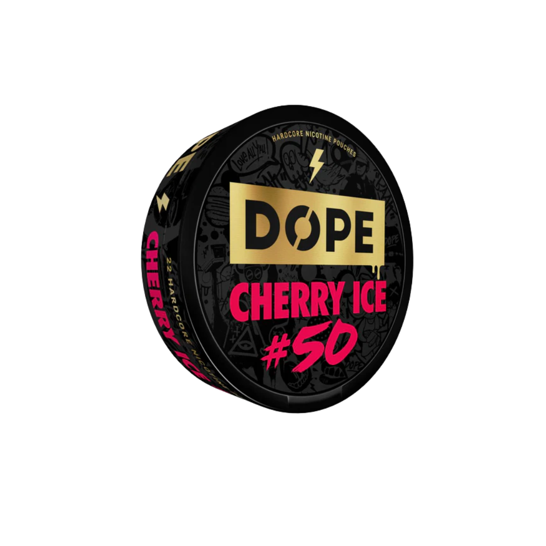 Detail close-up of a round black and gold snus can with cherry flavor label on a transparent background