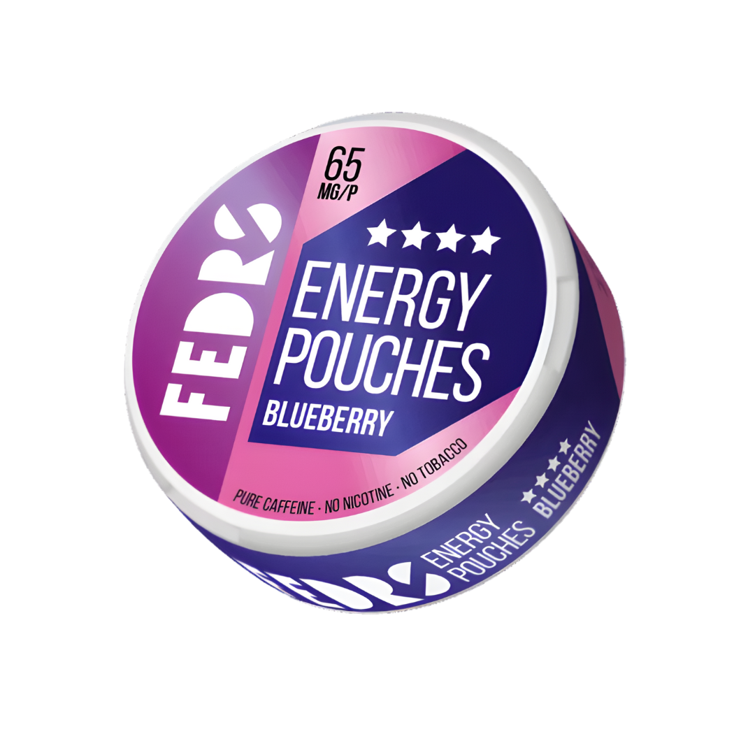 Front view of a circular tin of Fedrs Energy Pouches Blueberry with purple and pink branding.