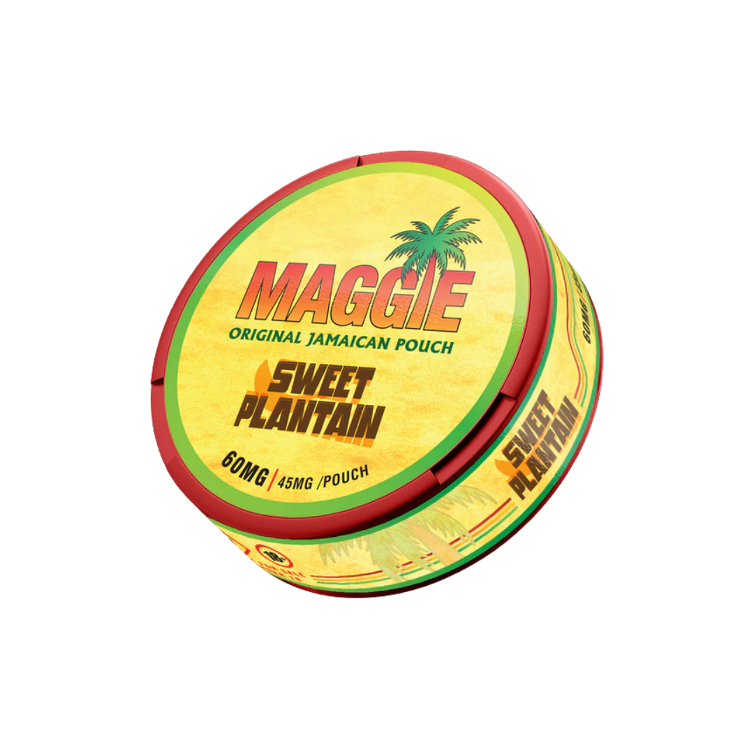 Front view of Maggie Sweet Plantain tin featuring a tropical design in yellow, red, and green colors.