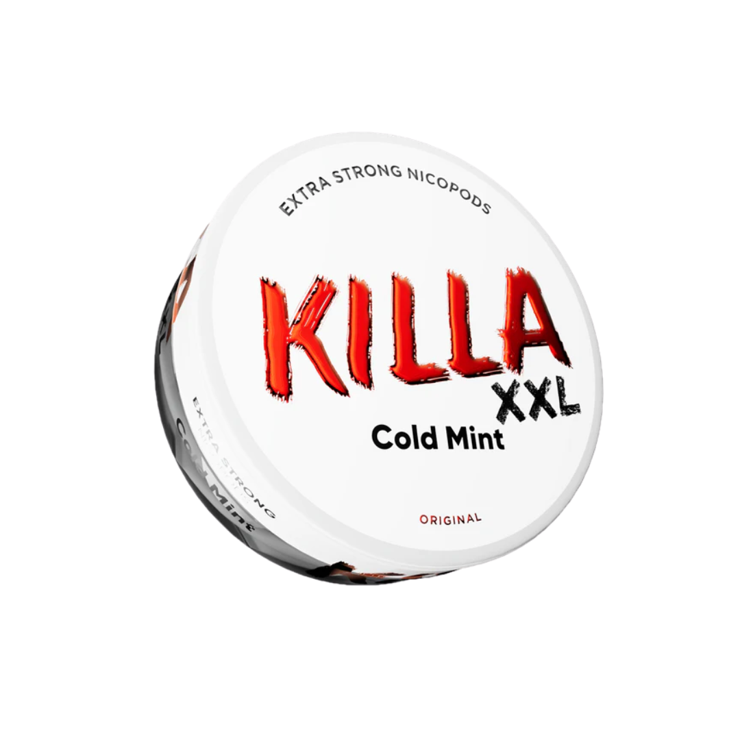 Front view of Killa Cold Mint XXL snus can with bold text and brand logo on a transparent background