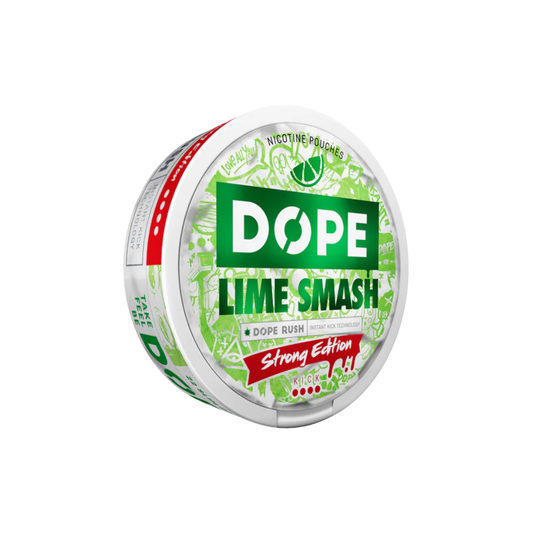 Packaging of Dope Lime Smash nicotine pouches in a circular tin featuring green, white, and red colors with a lime flavor.