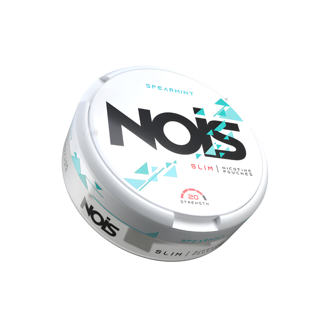 Detail close-up of Nois Spearmint Snus packaging showcasing white and turquoise colors with a circular container.