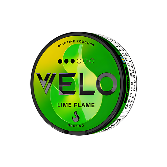 Packaging of Velo Lime Flame snus can featuring a circular design in green, black, and white with flavor indication.
