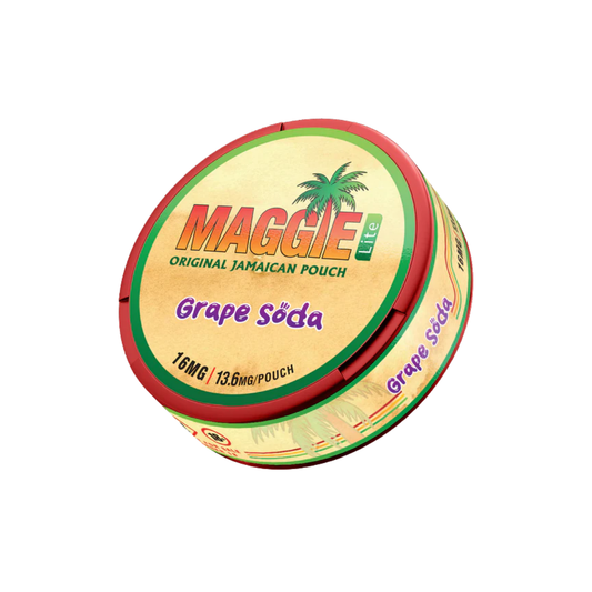 Detail close-up of the round tin featuring a vibrant grape soda label design.