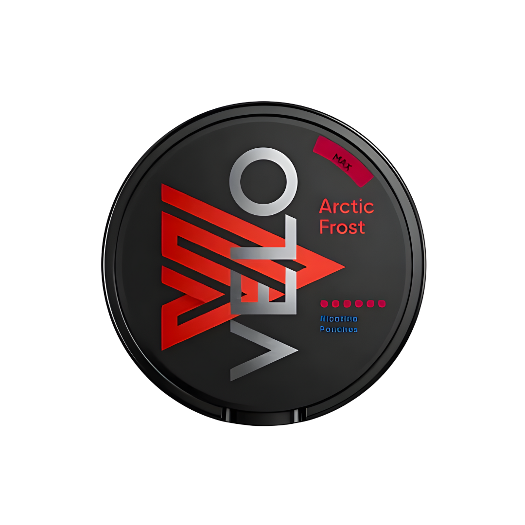 Detail close-up of the black and red Velo Artic Frost Max snus can featuring a logo and flavor label on a transparent back…