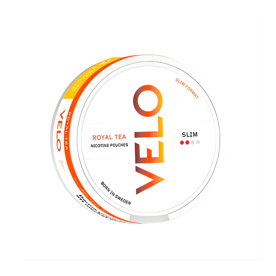 Front view of the Velo Royal Tea nicotine pouch can featuring a circular design with brand logo and flavor indication in w…