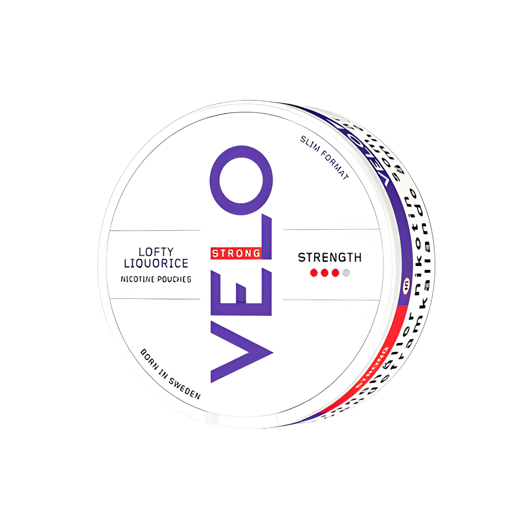 Detail close-up of the circular Velo Lofty Liquorice can featuring a white, purple, and red design with brand logo and fla…