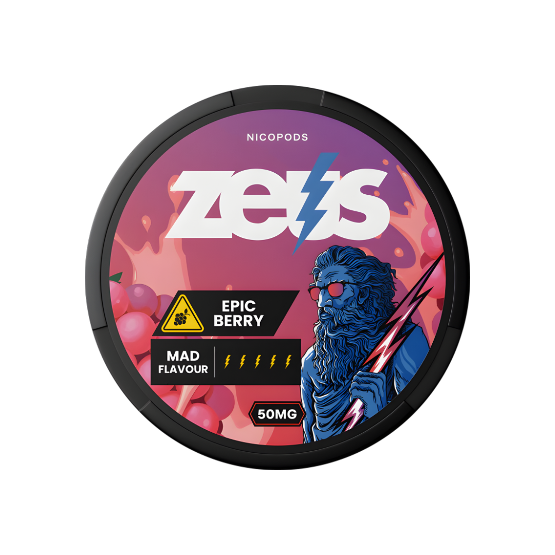 Front view of a circular container in purple, black, and red with graphic design and brand logo.