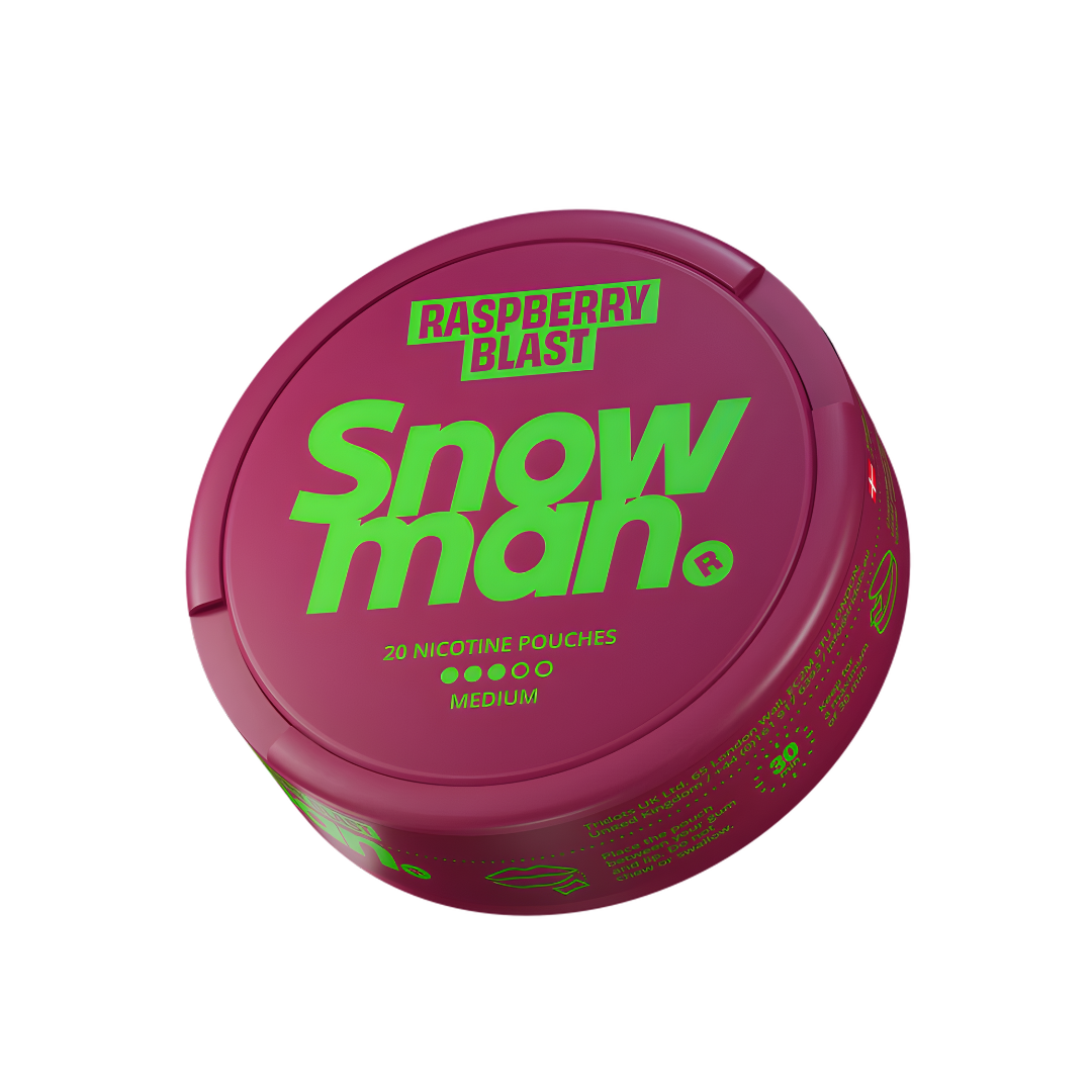 Detail close-up of the round purple and green Snowman product container featuring bold text and a special offer on a white…