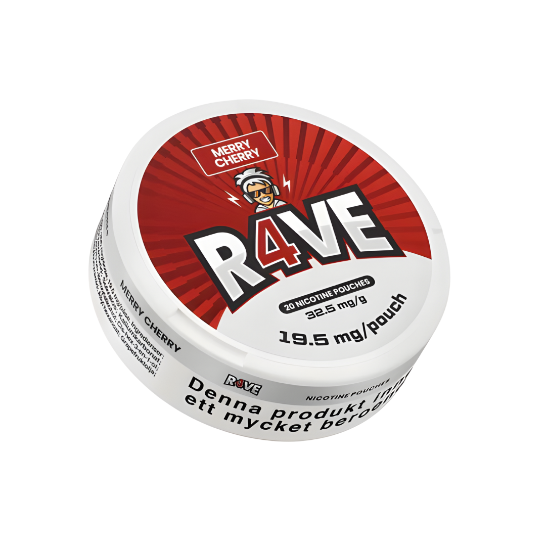 Detail close-up of the Rave Merry Cherry snus can featuring bold red and white design on a transparent background.