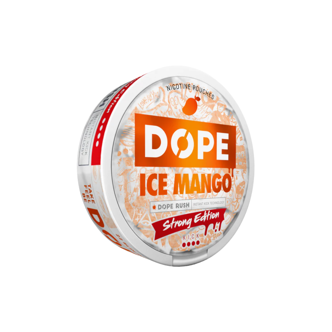Front view of the circular container for Dope Ice Mango, showcasing vibrant orange and red colors with flavor indication.