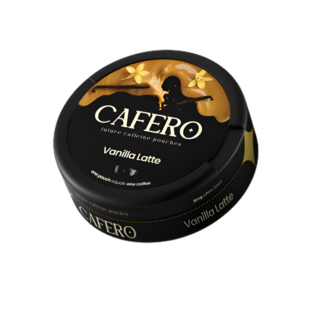 Detail close-up of a round black and gold snus can featuring a textured surface and gold logo.