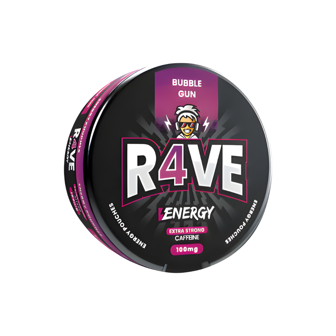 Front view of the Rave Energy Bubble Gum canister in black, pink, and white with a round shape and screw top.