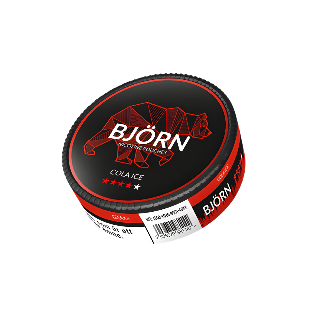 Front view of the black and red cola ice snus can featuring a circular design and label text.
