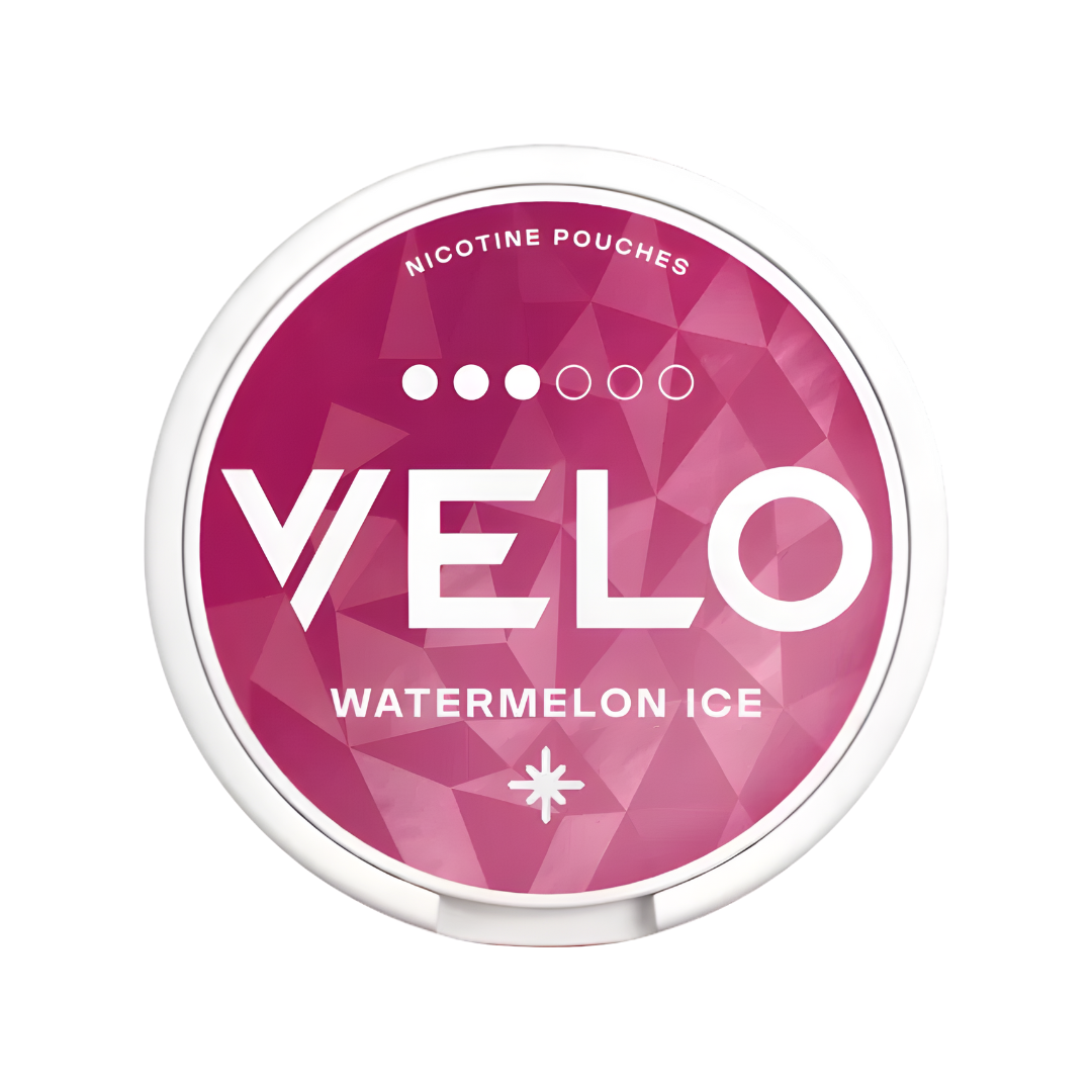 Detail close-up of a circular tin of watermelon nicotine pouch featuring bold text on a white background