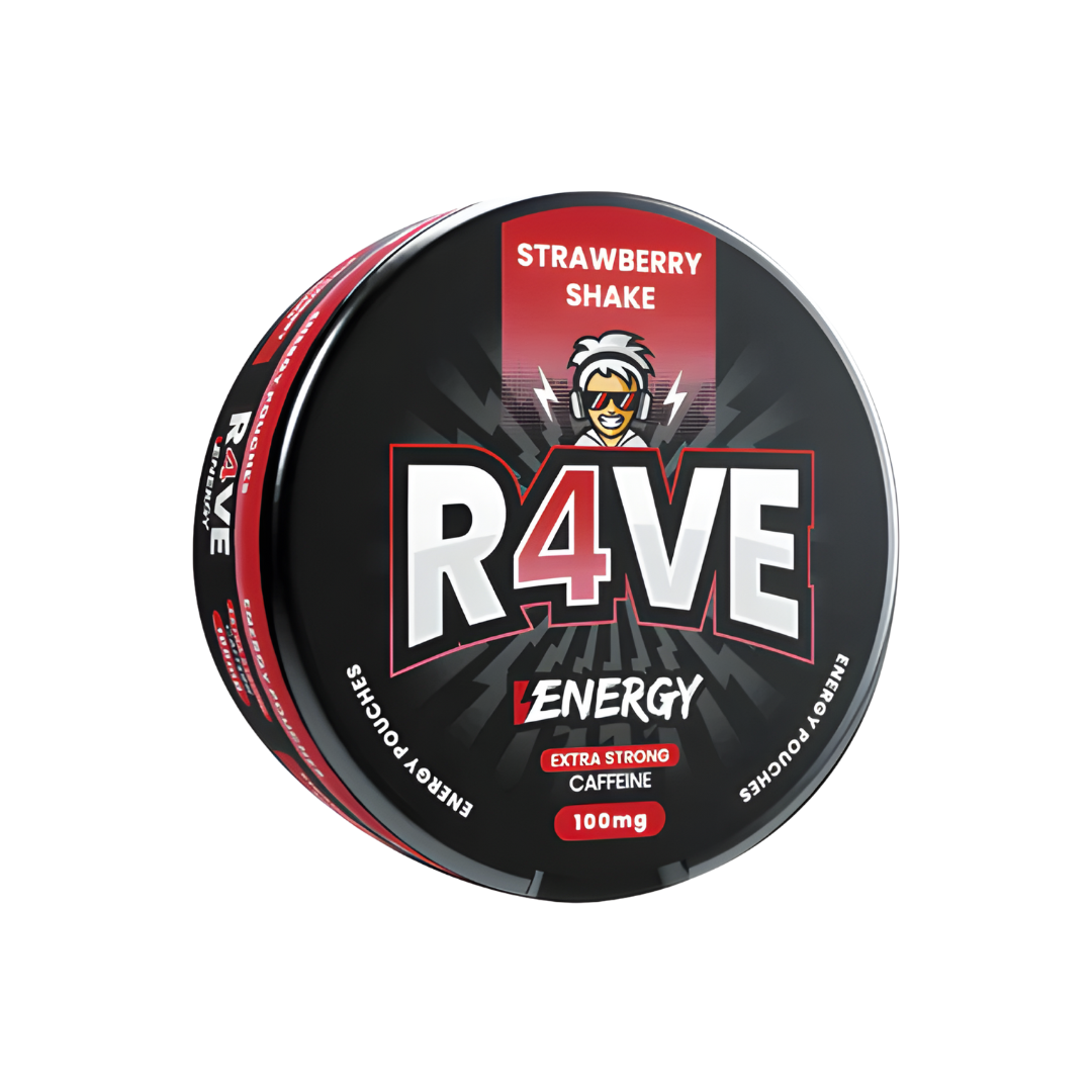 Front view of the Rave Energy Strawberry Shake can featuring bold logo and energy branding in black, red, and white colors.