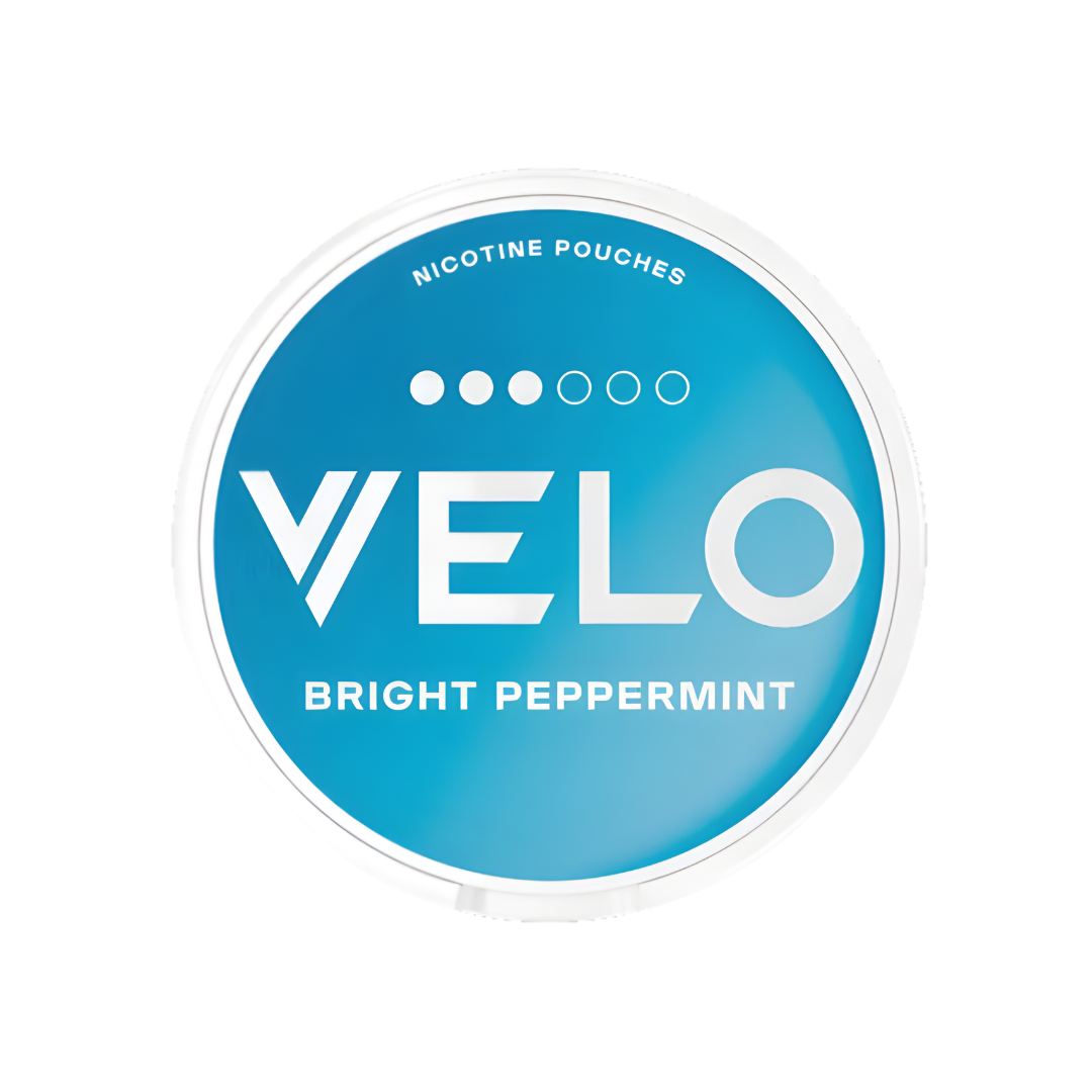 Front view of the circular Velo Bright Peppermint can featuring a blue and white design with brand logo and flavor name.