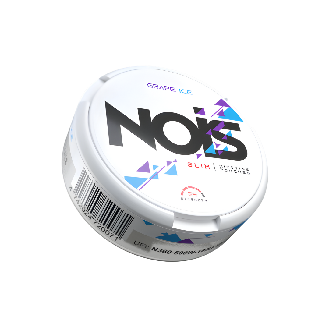 Side view of the NOIS product container in white, purple, and black with a colorful design.