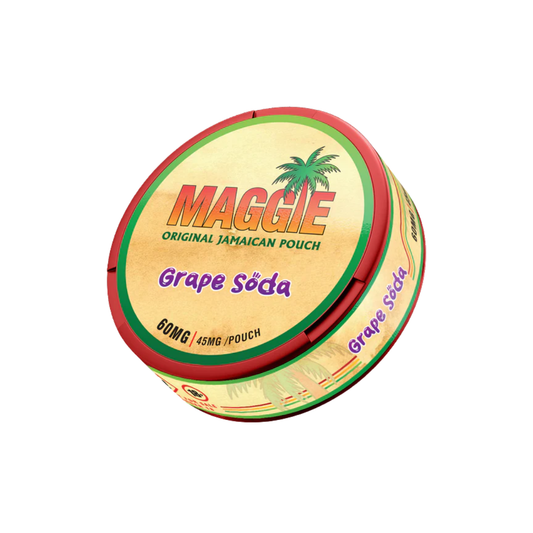 Front view of the round gold and red Maggie seasoning tin with a label design on a white background