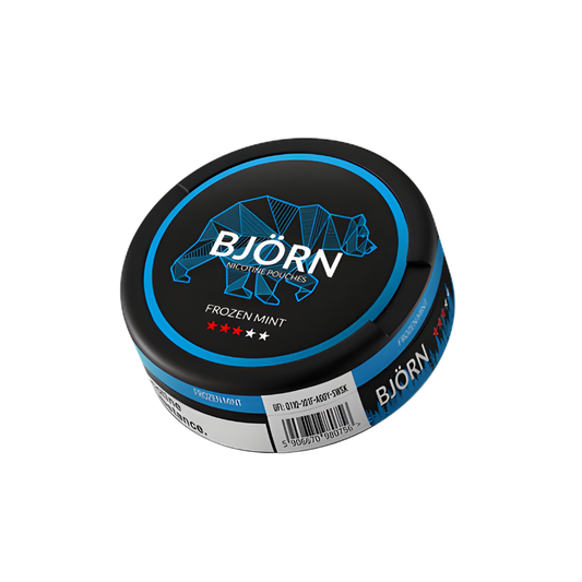 Round black and blue snus can featuring graphic design and label text on a white background