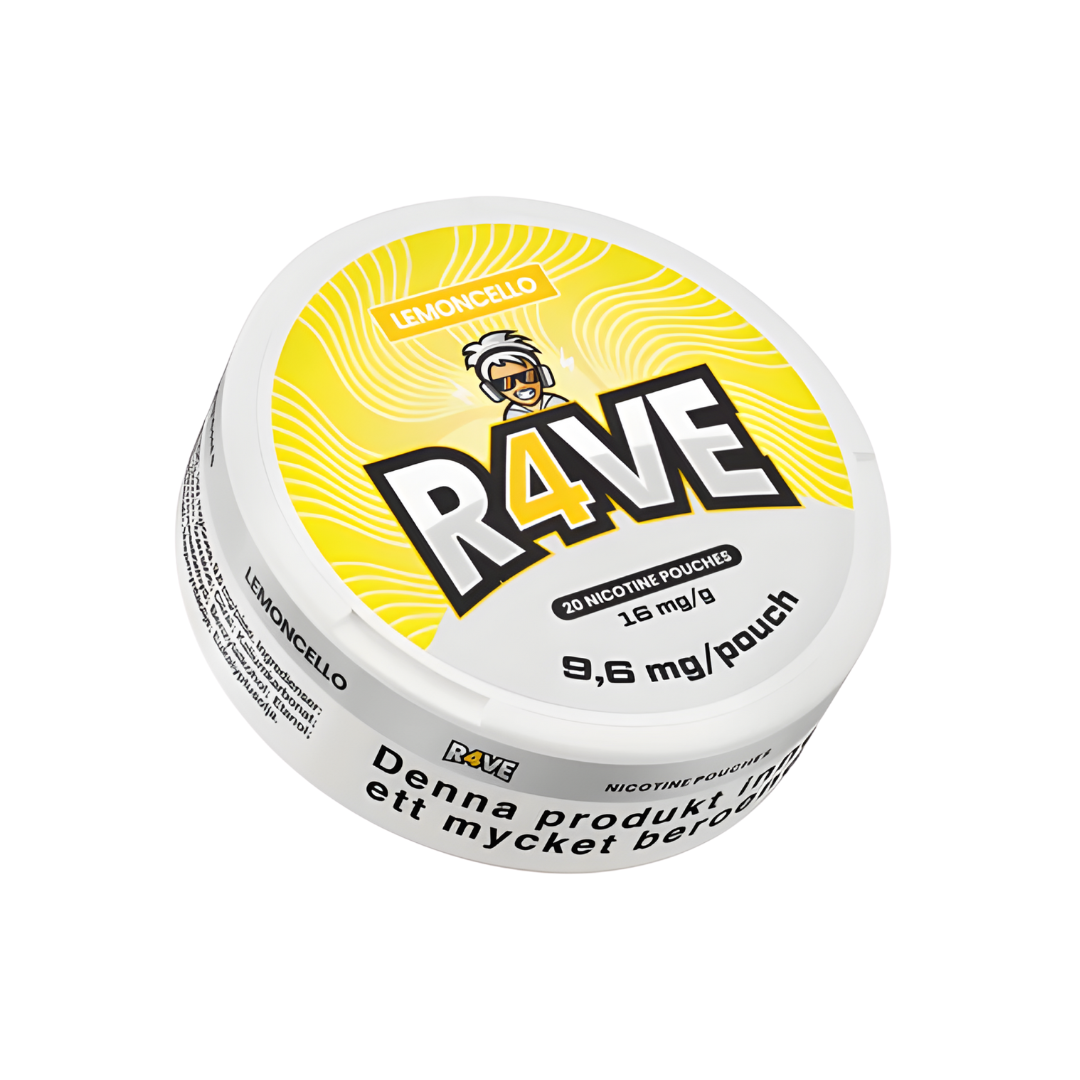 Detail close-up of Rave Lemoncello snus can showcasing bold yellow and white text on a white background.